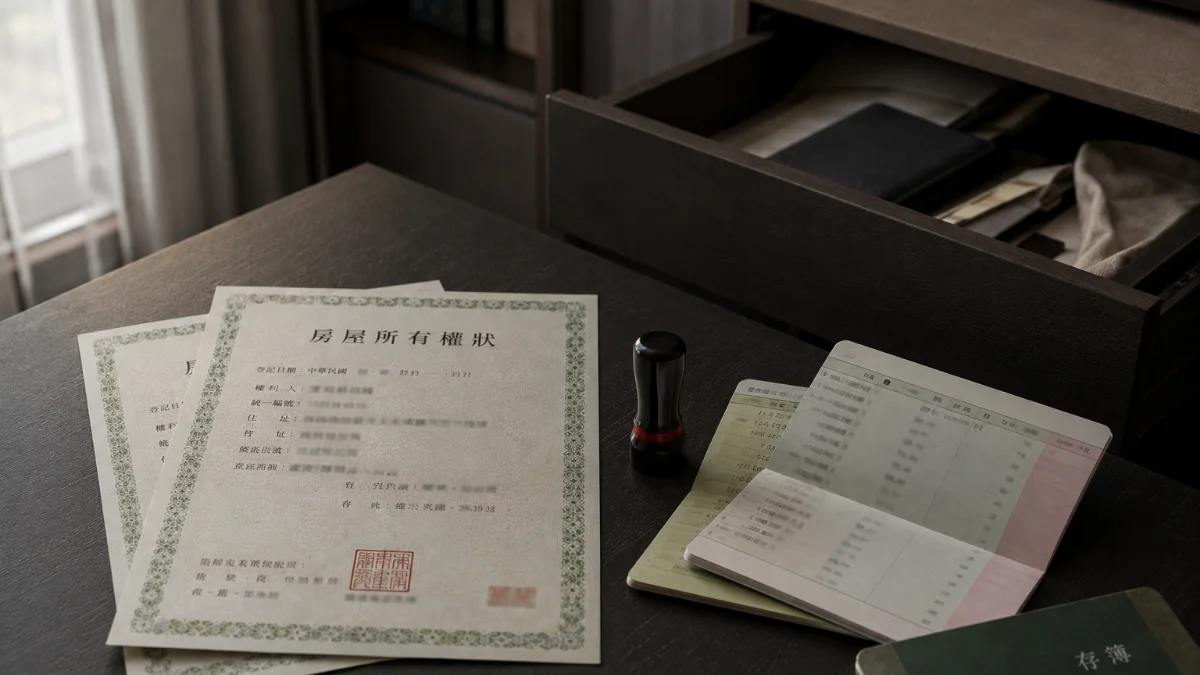桌上並排放著印章、權狀與存摺,抽屜半開,示意配偶可能悄悄移轉財產的情境