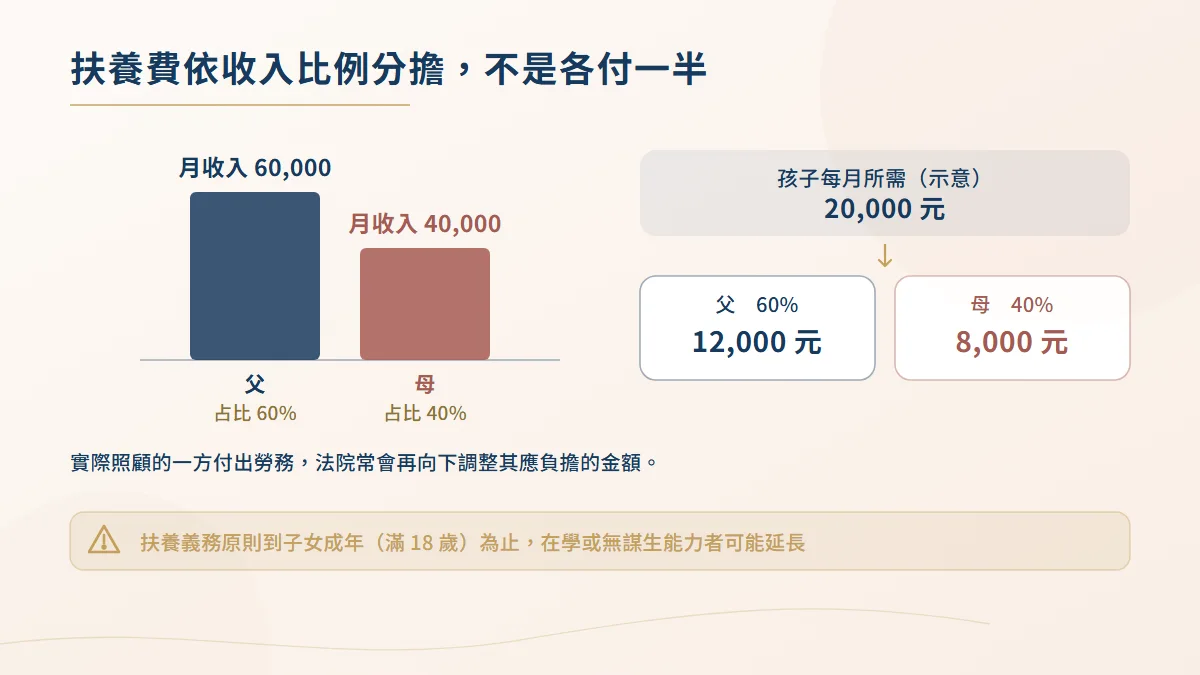 子女扶養費依收入比例分擔的計算圖，父母月收入六萬與四萬對應六比四，每月兩萬元由父負擔一萬二千元、母八千元