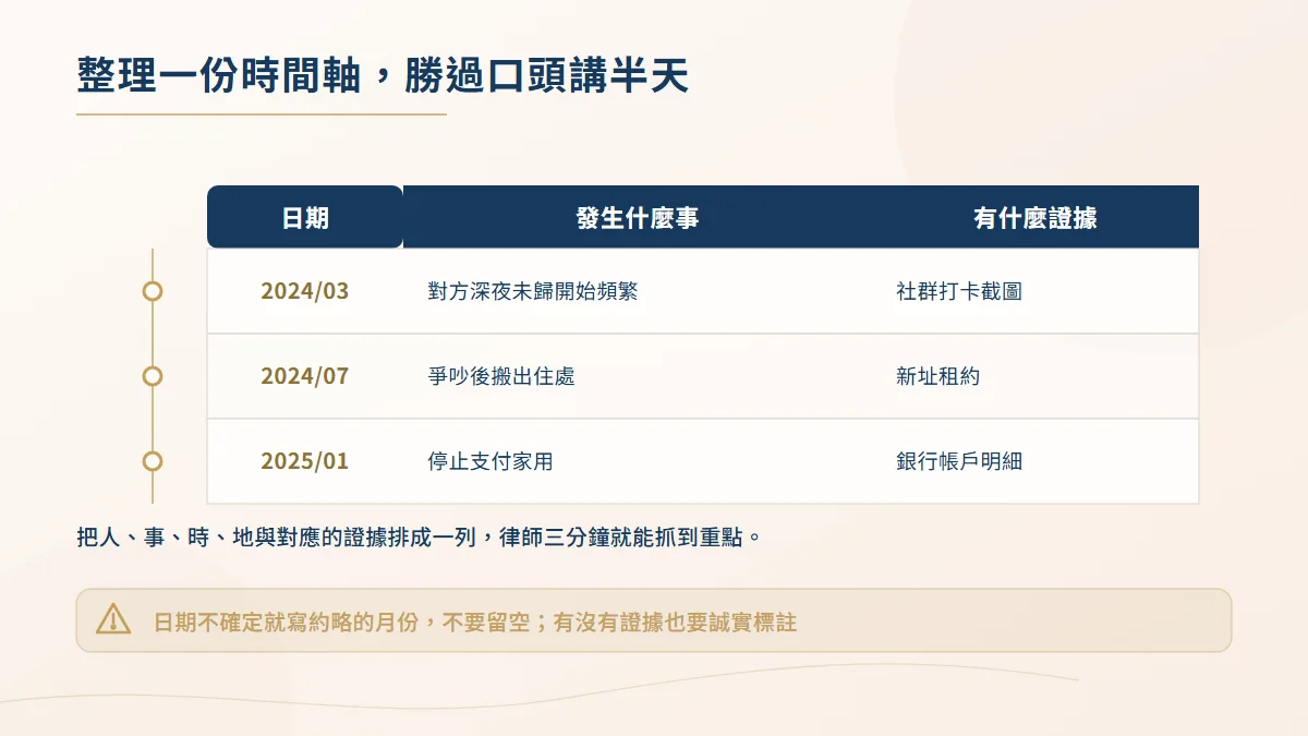 婚姻事件時間軸整理範例圖，以日期、發生什麼事與有什麼證據三欄記錄，供律師快速掌握案情