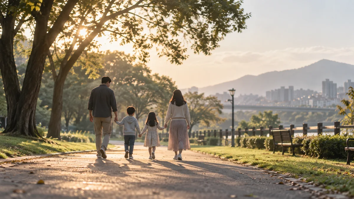 父母與兩個孩子牽手在公園步道散步的背影，夕陽逆光，示意離婚後仍共同參與子女的生活
