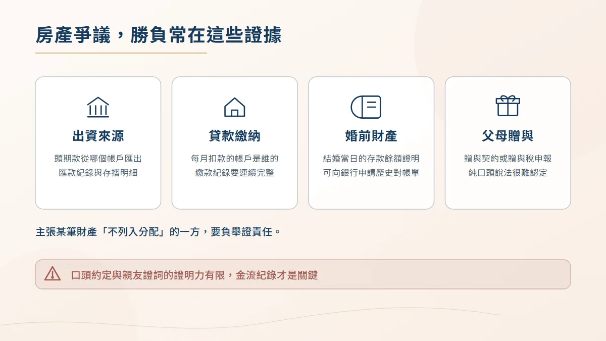 房產爭議的舉證清單圖，包含出資來源匯款紀錄、貸款繳納帳戶、婚前存款餘額證明與父母贈與契約