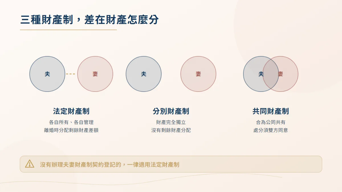 法定、分別與共同三種夫妻財產制的財產歸屬示意圖，以圓形的分合表現各制下夫妻財產的獨立與共有關係