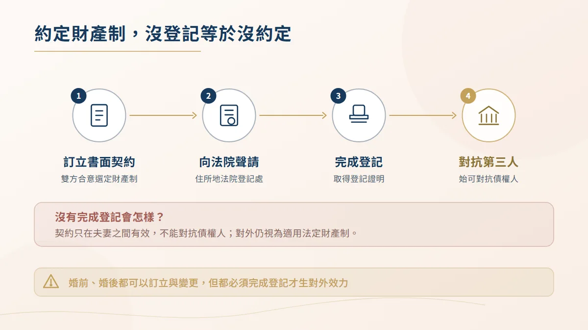 夫妻財產制契約登記流程圖，依序為訂立書面契約、向法院登記處聲請、完成登記，始能對抗第三人