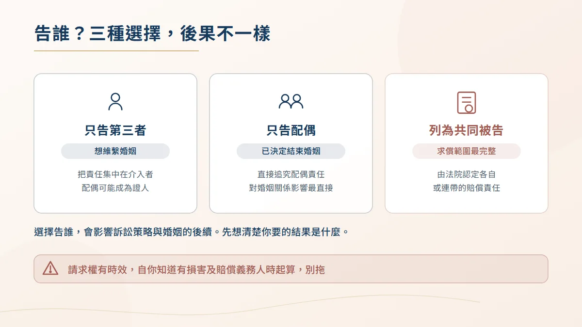 侵害配偶權求償對象的三種策略選擇圖，分別為只告第三者、只告配偶或將兩人列為共同被告